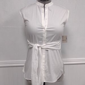 belle sky White Sleeveless Tie-Waist Mandarin Collar Blouse